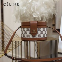 CELINE 賽琳 195192-03  原單 CELINE TAMBOUR TRIOMPHE 新款圓形盒子包刺繡織布配牛皮革中號手袋