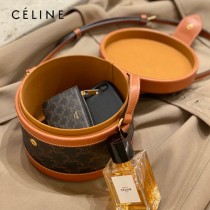 CELINE 賽琳 195192-01  原單 CELINE TAMBOUR TRIOMPHE 新款圓形盒子包刺繡織布配牛皮革中號手袋