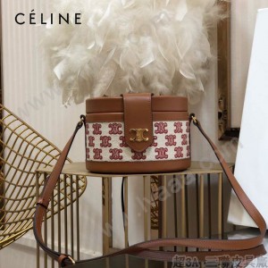 CELINE 賽琳 195192-02  原單 CELINE TAMBOUR TRIOMPHE 新款圓形盒子包刺繡織布配牛皮革中號手袋