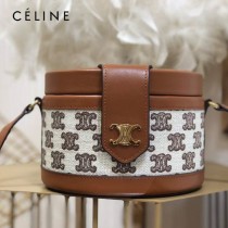 CELINE 賽琳 195192-03  原單 CELINE TAMBOUR TRIOMPHE 新款圓形盒子包刺繡織布配牛皮革中號手袋