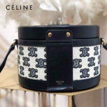 CELINE 賽琳 195192-04  原單 CELINE TAMBOUR TRIOMPHE 新款圓形盒子包刺繡織布配牛皮革中號手袋