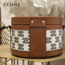 CELINE 賽琳 195192-03  原單 CELINE TAMBOUR TRIOMPHE 新款圓形盒子包刺繡織布配牛皮革中號手袋
