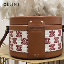CELINE 賽琳 195192-02  原單 CELINE TAMBOUR TRIOMPHE 新款圓形盒子包刺繡織布配牛皮革中號手袋