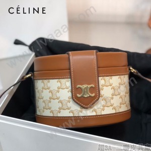 CELINE 賽琳 195192-05  原單 CELINE TAMBOUR TRIOMPHE 新款圓形盒子包刺繡織布配牛皮革中號手袋