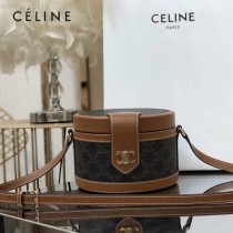 CELINE 賽琳 195192-01  原單 CELINE TAMBOUR TRIOMPHE 新款圓形盒子包刺繡織布配牛皮革中號手袋