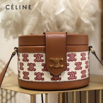 CELINE 賽琳 195192-02  原單 CELINE TAMBOUR TRIOMPHE 新款圓形盒子包刺繡織布配牛皮革中號手袋