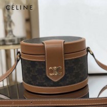 CELINE 賽琳 195192-01  原單 CELINE TAMBOUR TRIOMPHE 新款圓形盒子包刺繡織布配牛皮革中號手袋