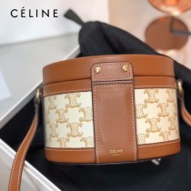 CELINE 賽琳 195192-05  原單 CELINE TAMBOUR TRIOMPHE 新款圓形盒子包刺繡織布配牛皮革中號手袋