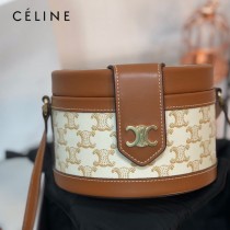 CELINE 賽琳 195192-05  原單 CELINE TAMBOUR TRIOMPHE 新款圓形盒子包刺繡織布配牛皮革中號手袋