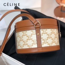 CELINE 賽琳 195192-05  原單 CELINE TAMBOUR TRIOMPHE 新款圓形盒子包刺繡織布配牛皮革中號手袋