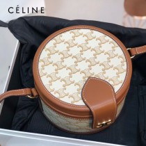 CELINE 賽琳 195192-05  原單 CELINE TAMBOUR TRIOMPHE 新款圓形盒子包刺繡織布配牛皮革中號手袋
