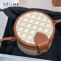 CELINE 賽琳 195192-05  原單 CELINE TAMBOUR TRIOMPHE 新款圓形盒子包刺繡織布配牛皮革中號手袋