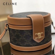 CELINE 賽琳 195192-01  原單 CELINE TAMBOUR TRIOMPHE 新款圓形盒子包刺繡織布配牛皮革中號手袋
