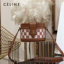 CELINE 賽琳 195192-02  原單 CELINE TAMBOUR TRIOMPHE 新款圓形盒子包刺繡織布配牛皮革中號手袋