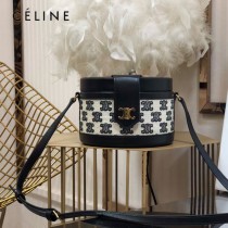 CELINE 賽琳 195192-04  原單 CELINE TAMBOUR TRIOMPHE 新款圓形盒子包刺繡織布配牛皮革中號手袋