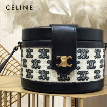 CELINE 賽琳 195192-04  原單 CELINE TAMBOUR TRIOMPHE 新款圓形盒子包刺繡織布配牛皮革中號手袋