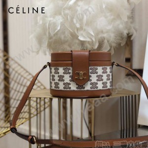 CELINE 賽琳 195192-03  原單 CELINE TAMBOUR TRIOMPHE 新款圓形盒子包刺繡織布配牛皮革中號手袋