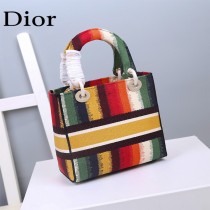Dior 迪奧原單新款Lady D-Lite 五格刺繡彩虹條紋戴妃包