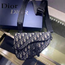 Dior-01  迪奧原版皮新款Dio Saddle Bag 迪20新款老花藍馬鞍包腰包胸包