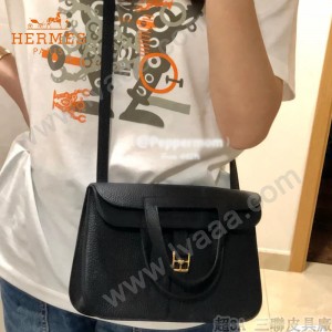 HERMES愛馬仕 原單 黑色halzan mini22cm  25 cm