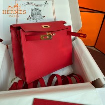 HERMES  大紅  愛馬仕 原單evercolor皮 Kelly DanSe 22cm  金銀扣