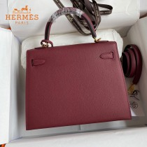 HERMES  酒红   原單 Kelly 25cm 進口Epsom皮  蠟線工藝