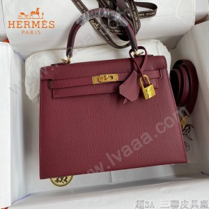 HERMES  酒红   原單 Kelly 25cm 進口Epsom皮  蠟線工藝