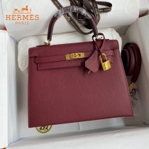 HERMES  酒红   原單 Kelly 25cm 進口Epsom皮  蠟線工藝