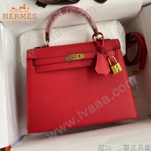 HERMES  大红   原單 Kelly 25cm 進口Epsom皮  蠟線工藝