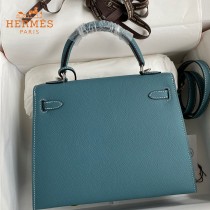 HERMES  牛仔蓝   原單 Kelly 25cm 進口Epsom皮  蠟線工藝