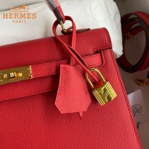 HERMES  大红   原單 Kelly 25cm 進口Epsom皮  蠟線工藝