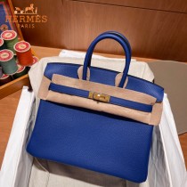 HERMES  电光蓝   原單 鉑金包Brikin 25cm 進口togo皮  蜜蠟線 全鋼鍍K金五金