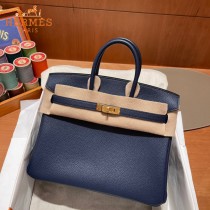 HERMES  深邃蓝   原單 鉑金包Brikin 25cm 進口togo皮  蜜蠟線 全鋼鍍K金五金