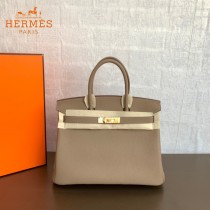 HERMES 原單  风衣灰   鉑金包Brikin 30cm 進口togo皮  蜜蠟線 全鋼鍍K金五金