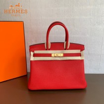 HERMES 原單  大红  鉑金包Brikin 30cm 進口togo皮  蜜蠟線 全鋼鍍K金五金